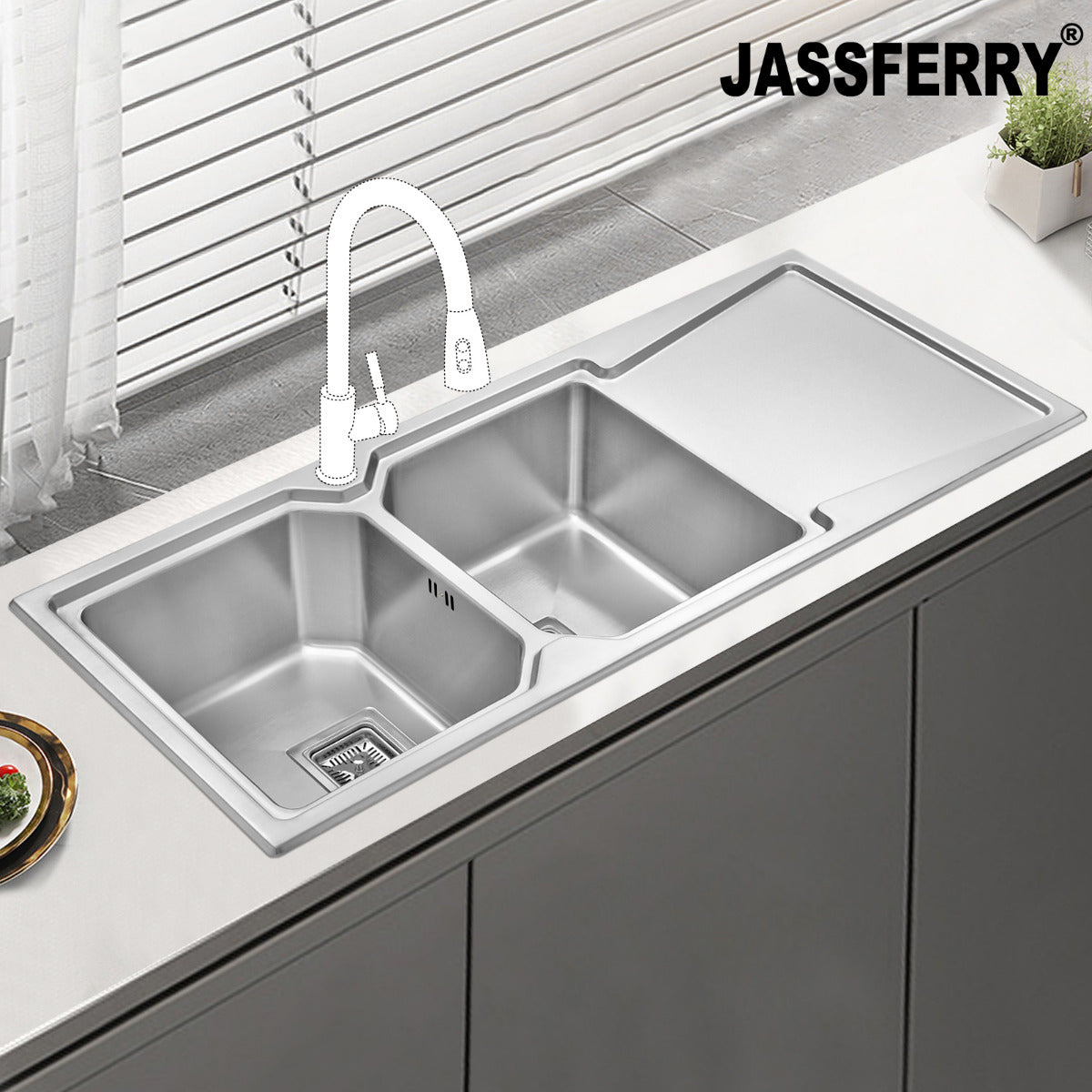 JASSFERRY Stainless Steel Kitchen Sink Reversible Drainer Single Bowl Pipes