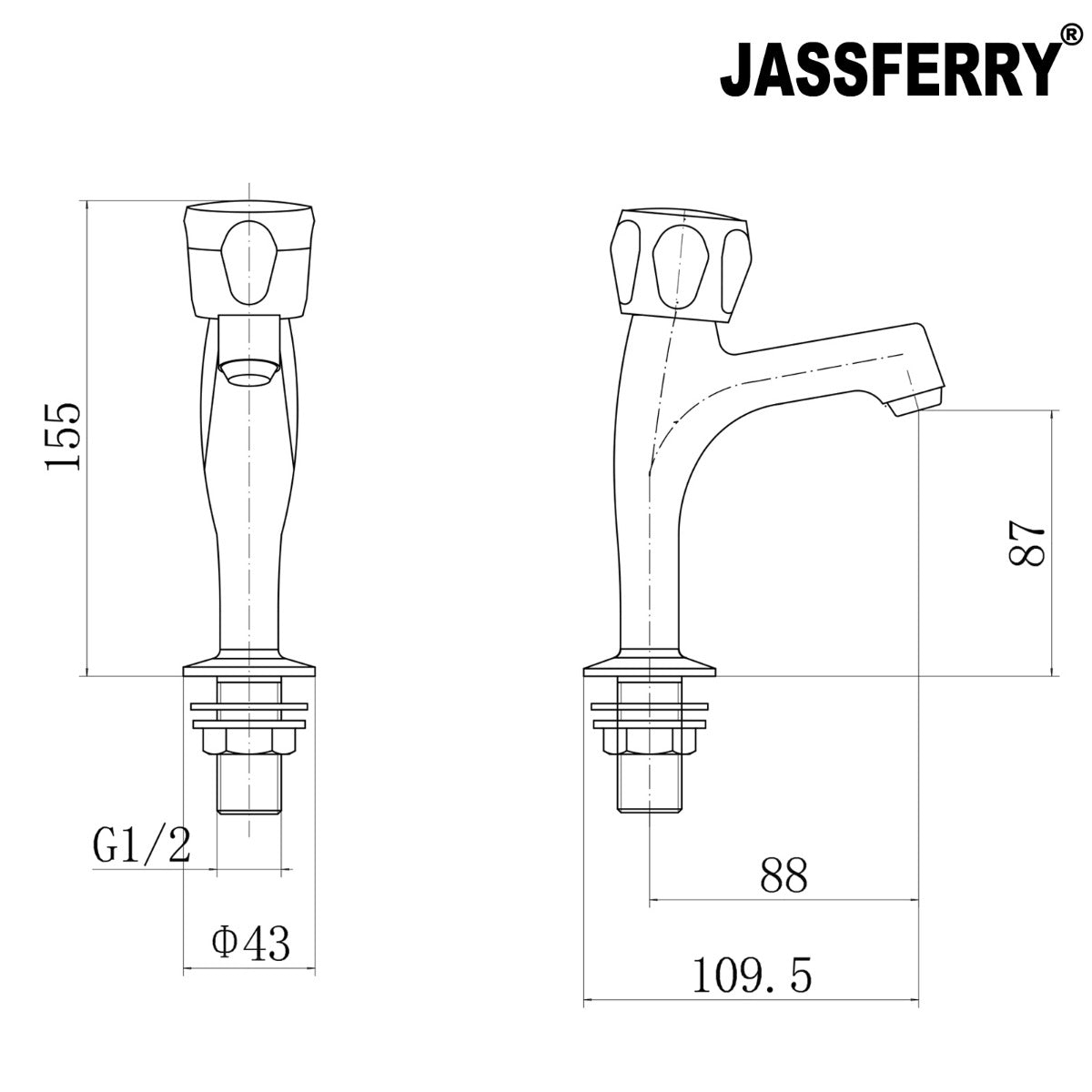 JassferryJASSFERRY Pair of Basin Taps Hot & Cold Water Bath Knob Handle High Neck ChromeBasin Taps